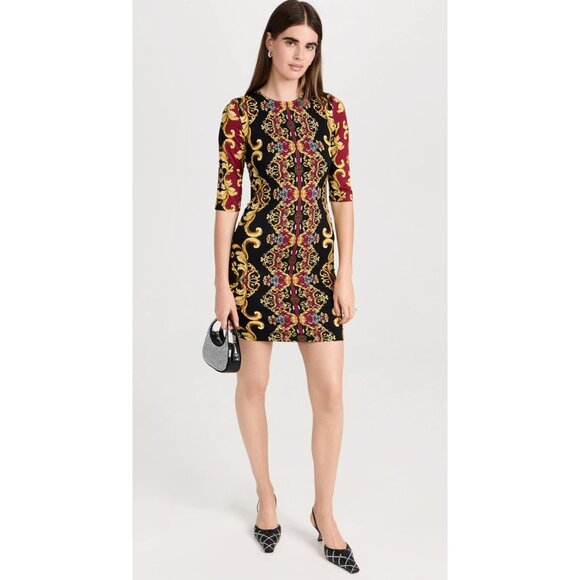 Alice + Olivia Delora Print Mini Dress Fitted Bodycon Damask Red Gold Black 8 - Picture 1 of 16